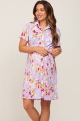 Lavender Floral Pleated Button Down Maternity Dress