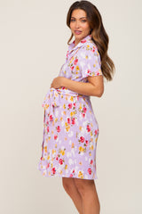 Lavender Floral Pleated Button Down Maternity Dress