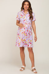 Lavender Floral Pleated Button Down Maternity Dress