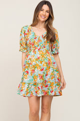 Green Floral Smocked Puff Sleeve Maternity Dress