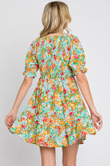 Green Floral Smocked Puff Sleeve Dress