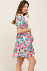 Fuchsia Floral Smocked Puff Sleeve Maternity Dress