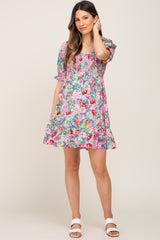 Fuchsia Floral Smocked Puff Sleeve Maternity Dress