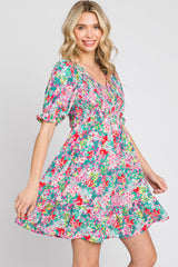 Fuchsia Floral Smocked Puff Sleeve Dress