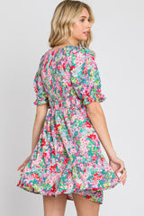 Fuchsia Floral Smocked Puff Sleeve Dress