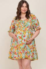 Green Floral Smocked Ruffle Accent Maternity Plus Dress