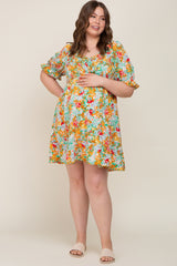 Green Floral Smocked Ruffle Accent Maternity Plus Dress