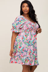 Fuchsia Floral Smocked Ruffle Accent Plus Dress