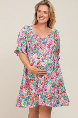 Fuchsia Floral Smocked Ruffle Accent Maternity Plus Dress