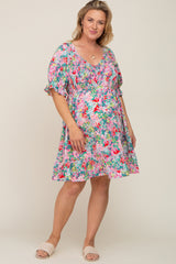 Fuchsia Floral Smocked Ruffle Accent Maternity Plus Dress