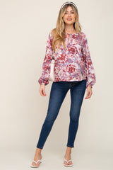 Mauve Floral Front Tie V-Neck Maternity Blouse