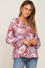 Mauve Floral Front Tie V-Neck Blouse