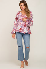 Mauve Floral Front Tie V-Neck Blouse