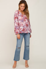 Mauve Floral Front Tie V-Neck Blouse