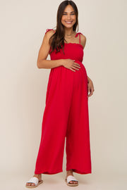 Red Sleeveless Cropped Maternity Jumpsuit