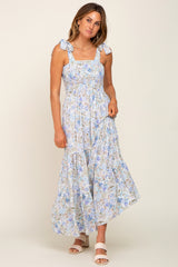 Light Blue Floral Shoulder Tie Maxi Dress