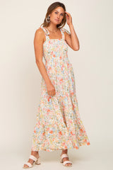 Coral Floral Shoulder Tie Maternity Maxi Dress