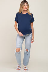 Light Blue Distressed Ripped Knee Straight Maternity Jeans