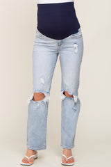 Light Blue Distressed Ripped Knee Straight Maternity Jeans