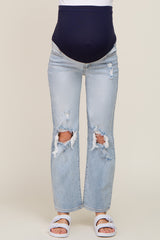 Light Blue Distressed Ripped Knee Straight Maternity Jeans