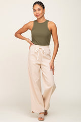 Beige Stretch Drawstring Wide Leg Pants