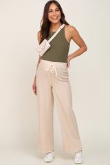 Beige Stretch Drawstring Wide Leg Maternity Pants