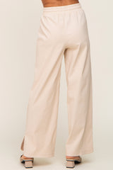 Beige Stretch Drawstring Wide Leg Pants