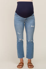 Blue Distressed Cropped Bootcut Maternity Jeans