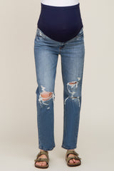 Medium Wash Distressed Straight Leg Maternity Jeans