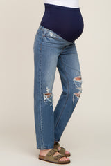 Medium Wash Distressed Straight Leg Maternity Jeans