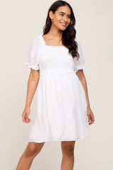 White Smocked Puff Sleeve Maternity Dress