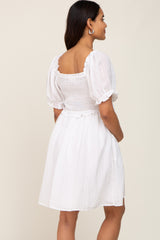 White Smocked Puff Sleeve Maternity Dress