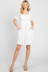 White Smocked Puff Sleeve Maternity Dress