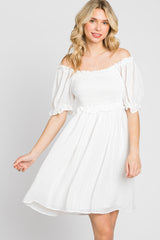 White Smocked Puff Sleeve Dress