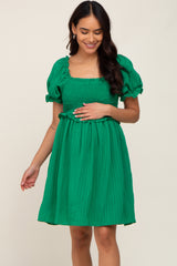 Green Smocked Puff Sleeve Maternity Dress