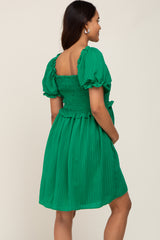 Green Smocked Puff Sleeve Maternity Dress