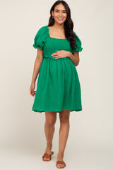 Green Smocked Puff Sleeve Maternity Dress