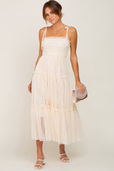 Cream Smocked Mesh Midi Dress