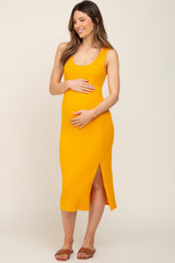 Yellow Ribbed Back Cutout Maternity Midi Dress