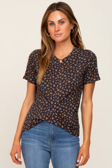 Black Floral Ribbed Knotted Hem Maternity Top