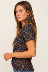 Black Floral Ribbed Knotted Hem Top