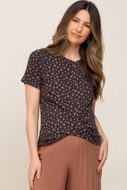 Black Floral Ribbed Knotted Hem Maternity Top