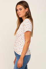 Ivory Floral Ribbed Knotted Hem Top