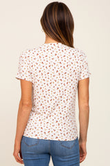 Ivory Floral Ribbed Knotted Hem Top