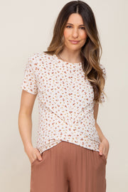 Ivory Floral Ribbed Knotted Hem Maternity Top