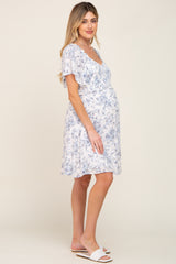 White Floral Print Smocked Ruffle Shoulder Maternity Dress