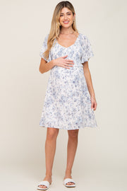 White Floral Print Smocked Ruffle Shoulder Maternity Dress