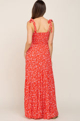 Coral Floral Square Neck Smocked Tiered Maternity Maxi Dress