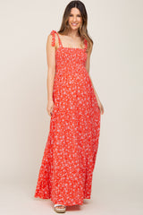 Coral Floral Square Neck Smocked Tiered Maternity Maxi Dress