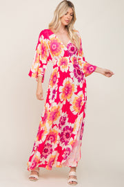 Fuchsia Floral Wrap V-Neck Side Slit Maxi Dress